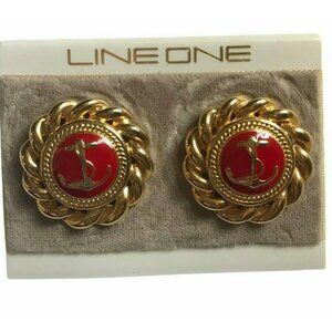 Vintage Anchor Pierced Earrings Line One Gold Red